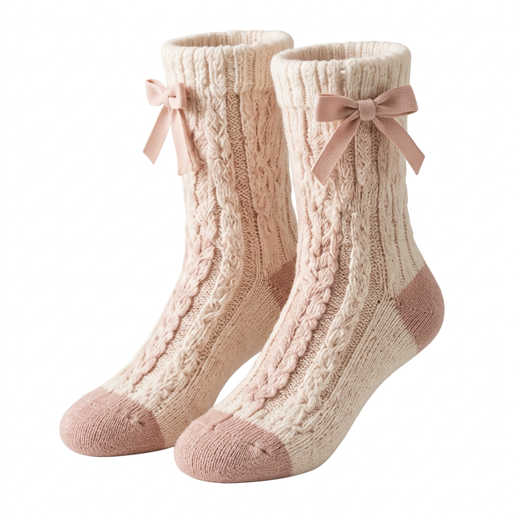 Pink bow cable-knit socks on pure white background