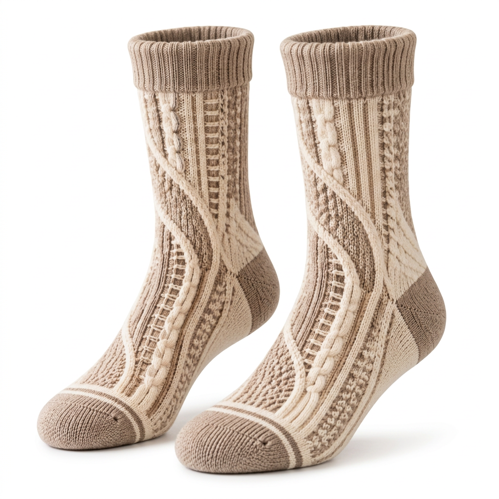 Ivory oatmeal cable socks on white