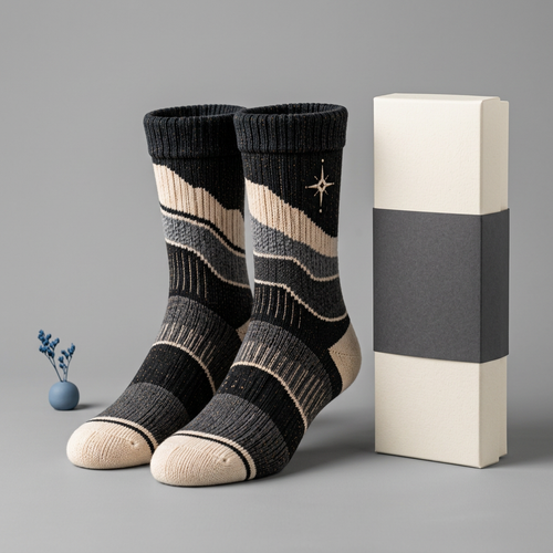 Black charcoal contour-band socks with ivory compass star hero