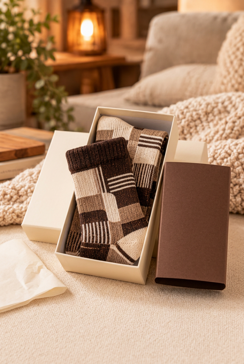 Folded socks in plain cream and chocolate packaging