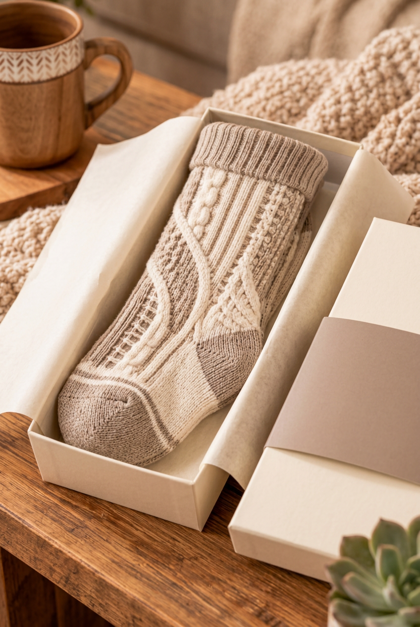 Cable socks in unbranded ivory taupe box