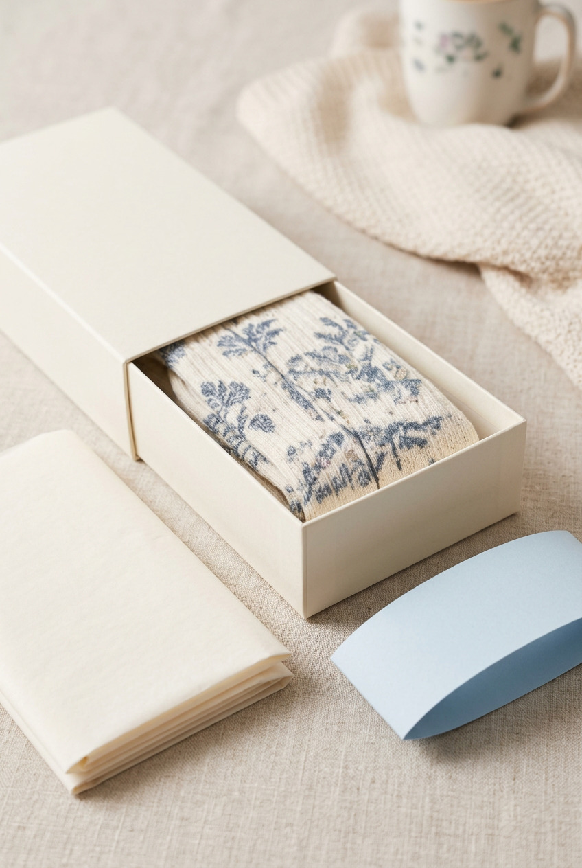 Unbranded ivory box with pale blue belly band