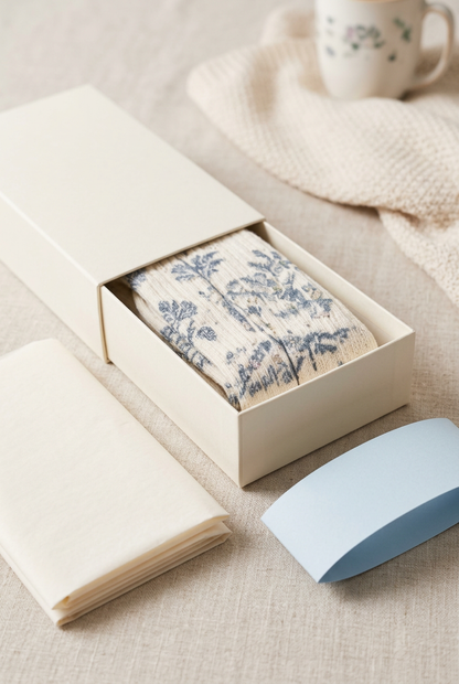 Unbranded ivory box with pale blue belly band