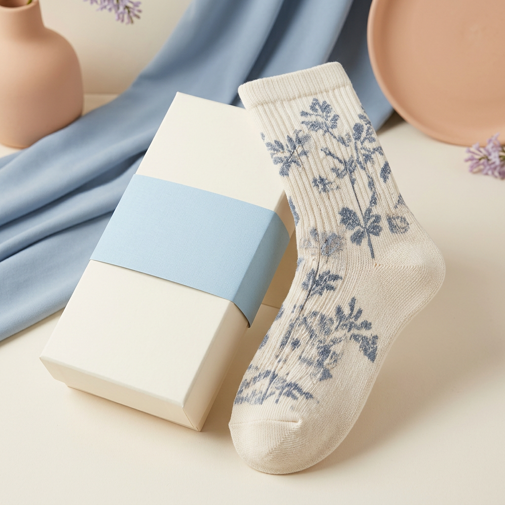 Botanical socks with unbranded ivory blue packaging