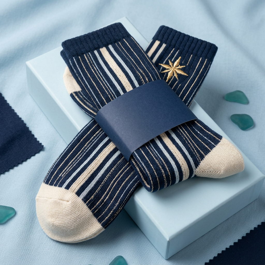 Navy stripe socks with unbranded pale blue packaging
