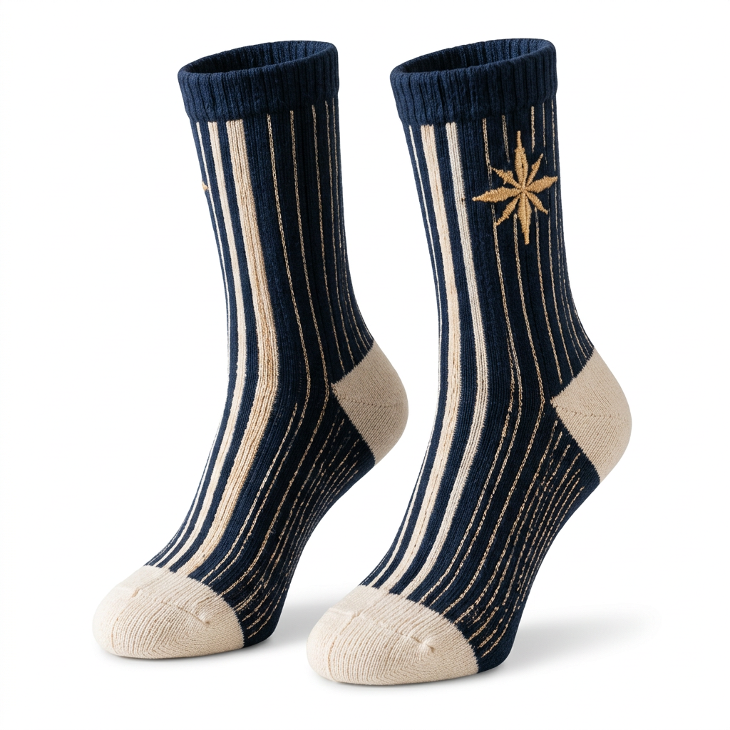 Navy striped crew socks on pure white background