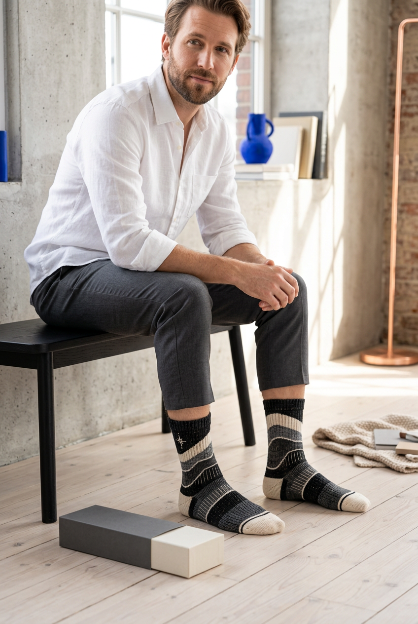 Male model wearing black gray contour-band socks
