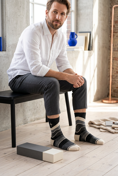 Male model wearing black gray contour-band socks