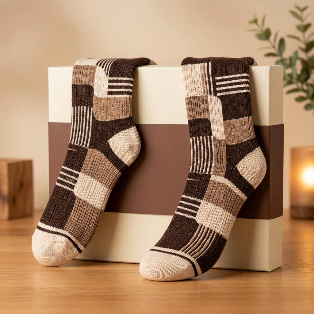 Patchwork socks with unbranded cream brown box