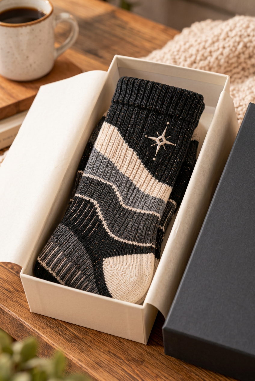New socks in unbranded ivory box with charcoal sleeve