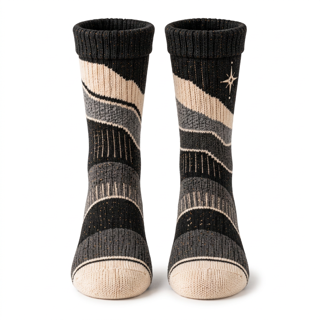 Black gray compass-star socks on pure white background