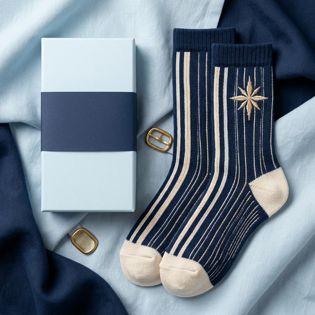 Navy pinstripe crew socks hero