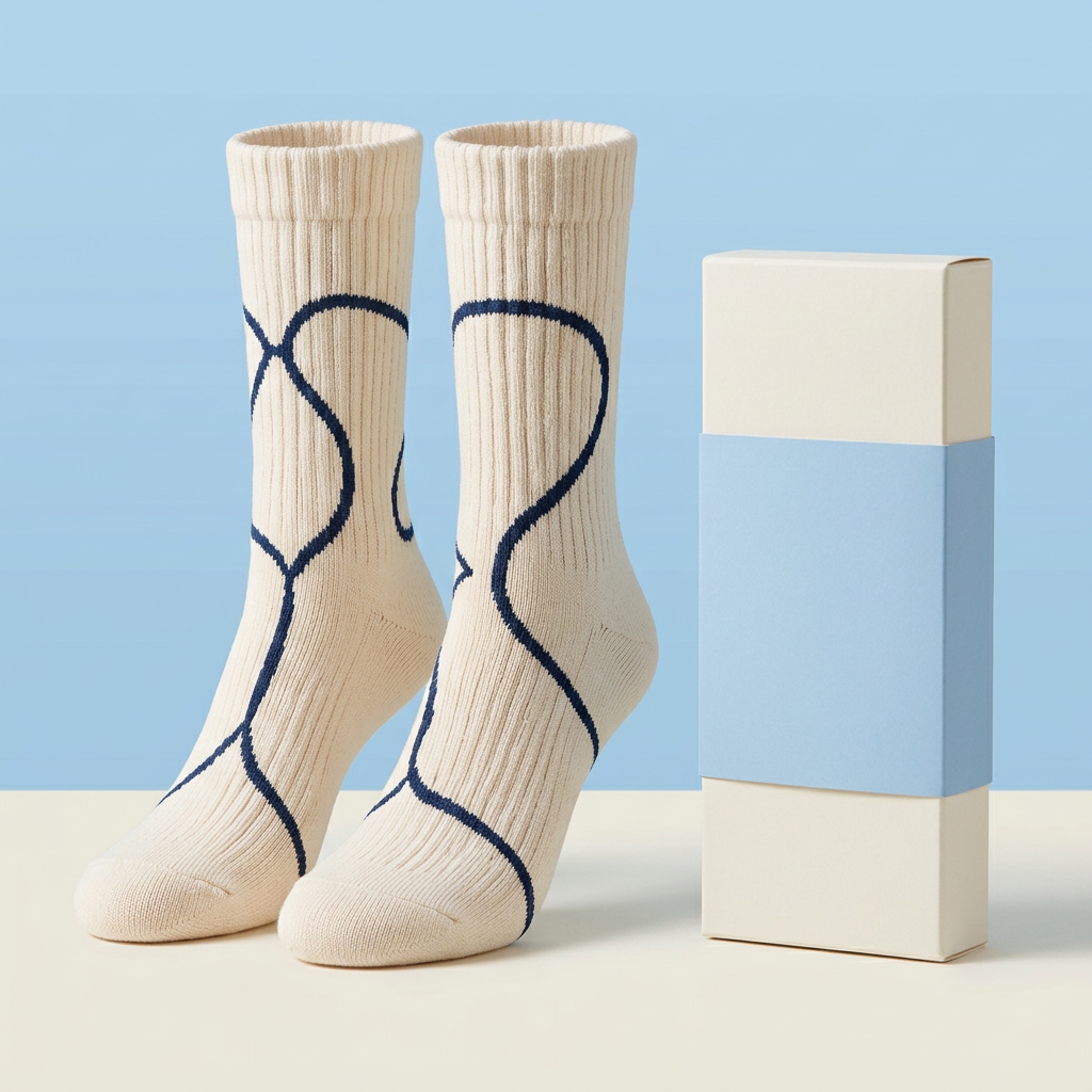 Ivory ribbed crew socks with flowing navy curved outline