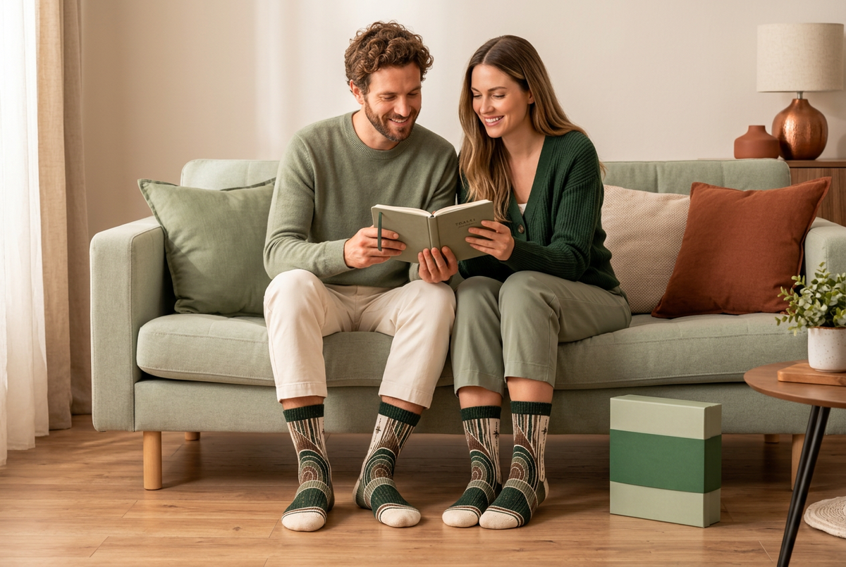 Couple sharing journal wearing matching contour socks