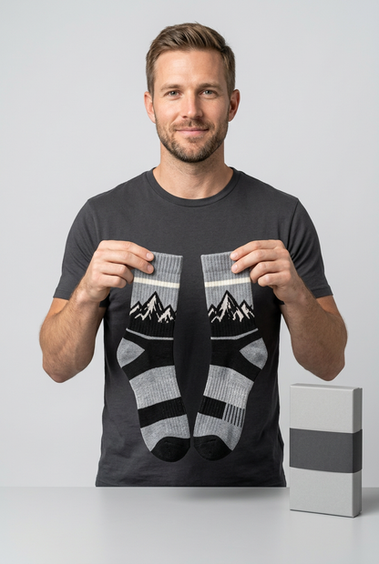 Male model holding complete pair of gray mountain socks