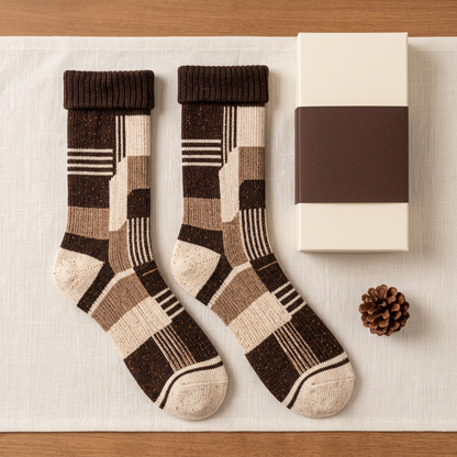 Brown patchwork stripe socks overhead