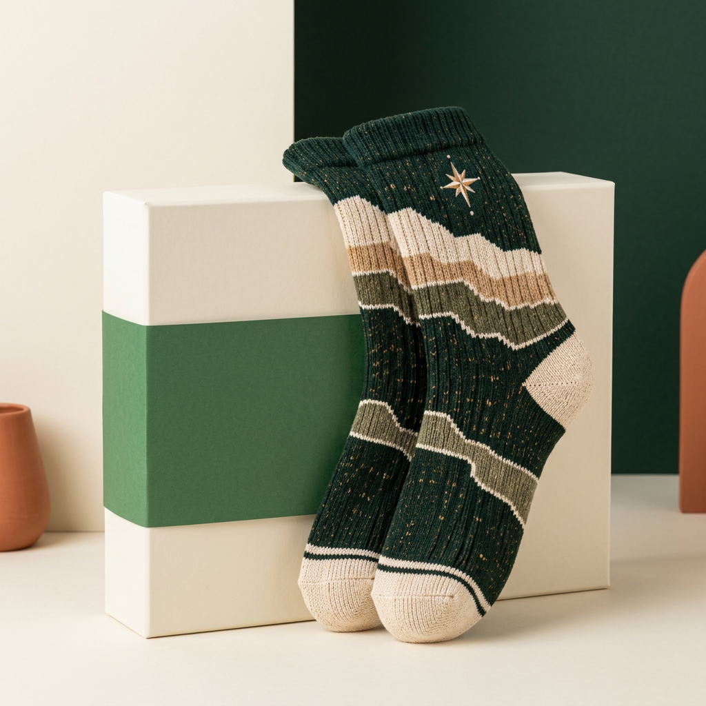 Layered earth-tone socks with unbranded ivory green packaging