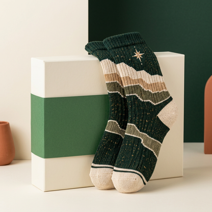 Layered earth-tone socks with unbranded ivory green packaging