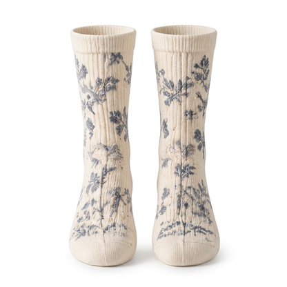 Ivory botanical crew socks on pure white background