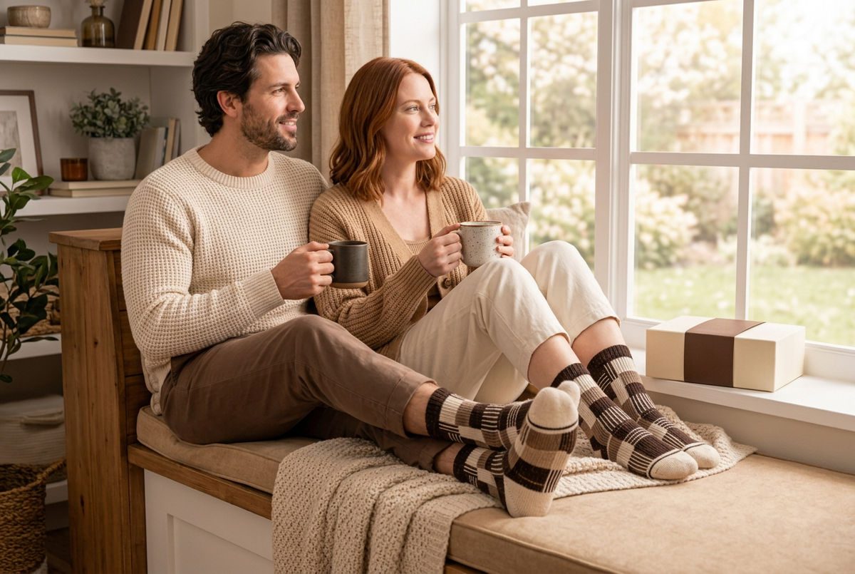 Same couple with mugs by window in matching patchwork socks