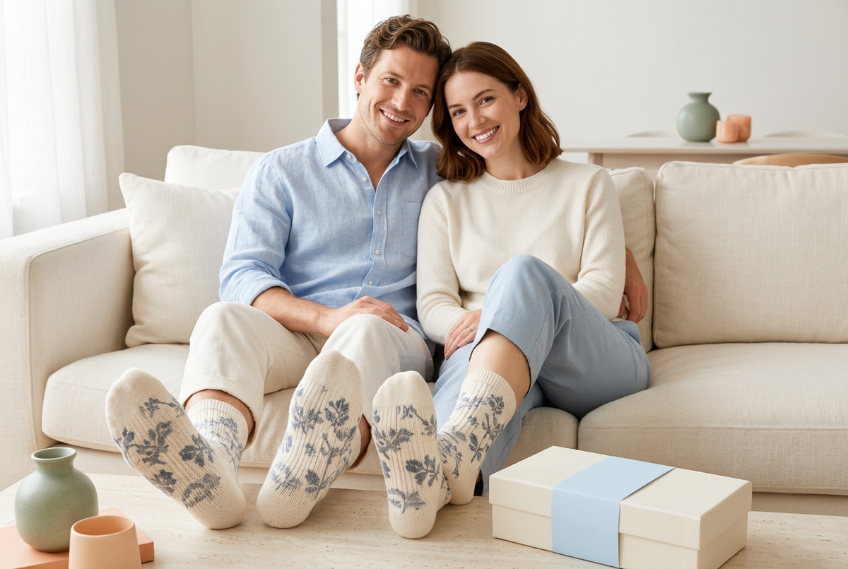 Couple together on sofa wearing matching botanical socks