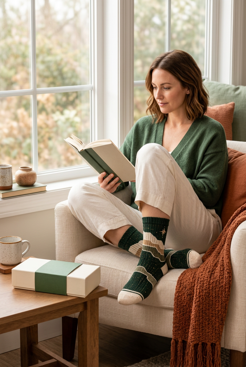 Female model wearing new green compass-star layered-band socks