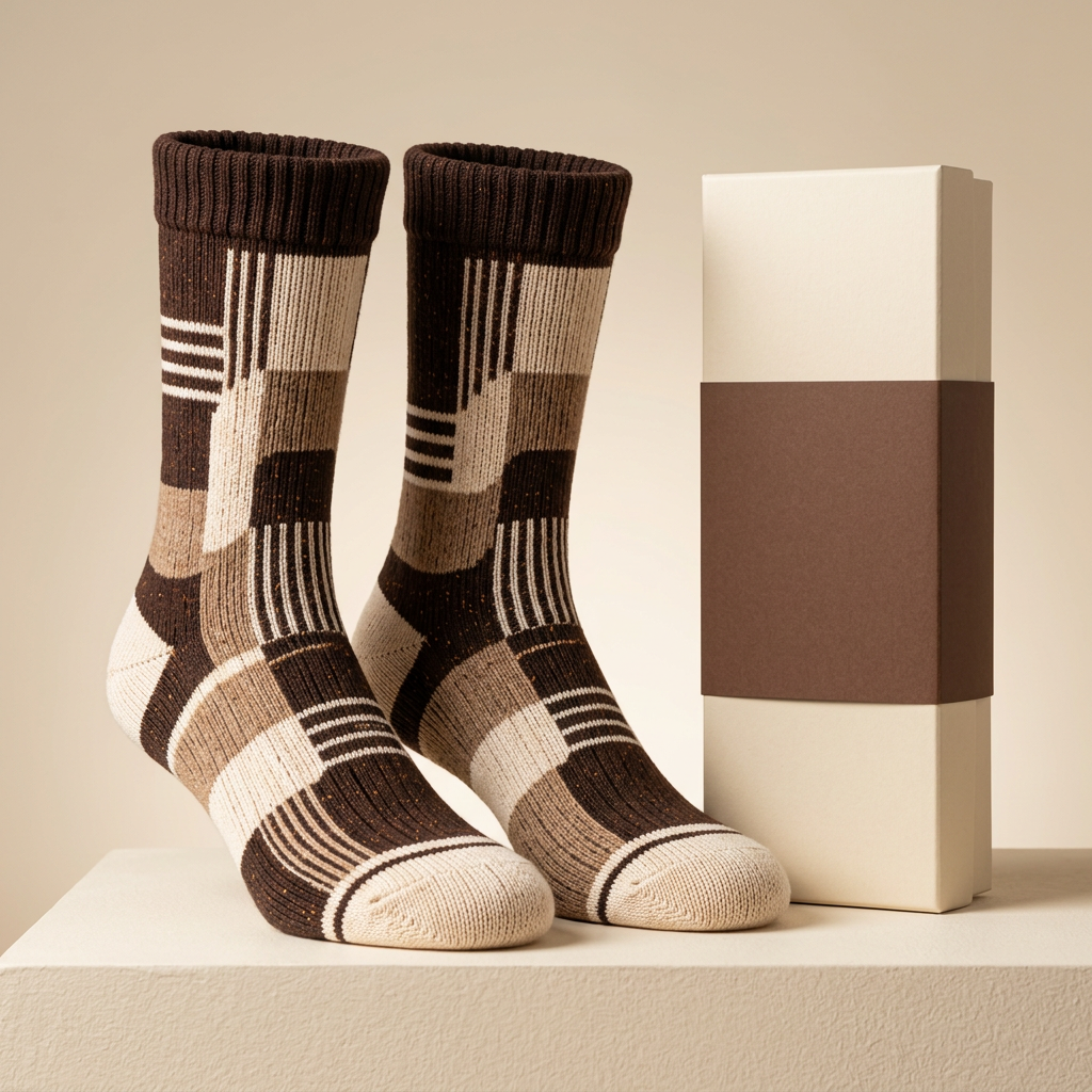 Chocolate mocha cream geometric patchwork crew socks hero