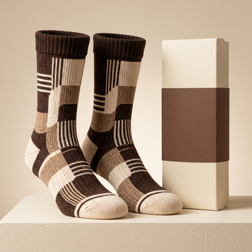 Chocolate mocha cream geometric patchwork crew socks hero