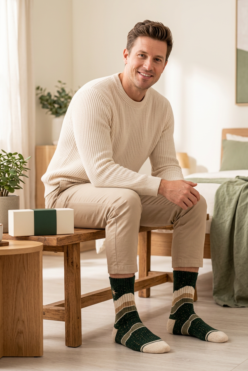 Male model wearing new green compass-star layered-band socks