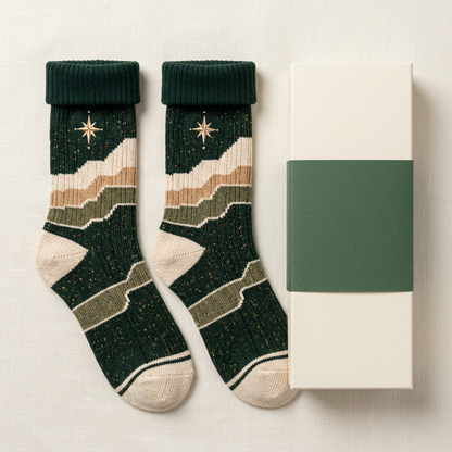 Green compass-star socks overhead composition