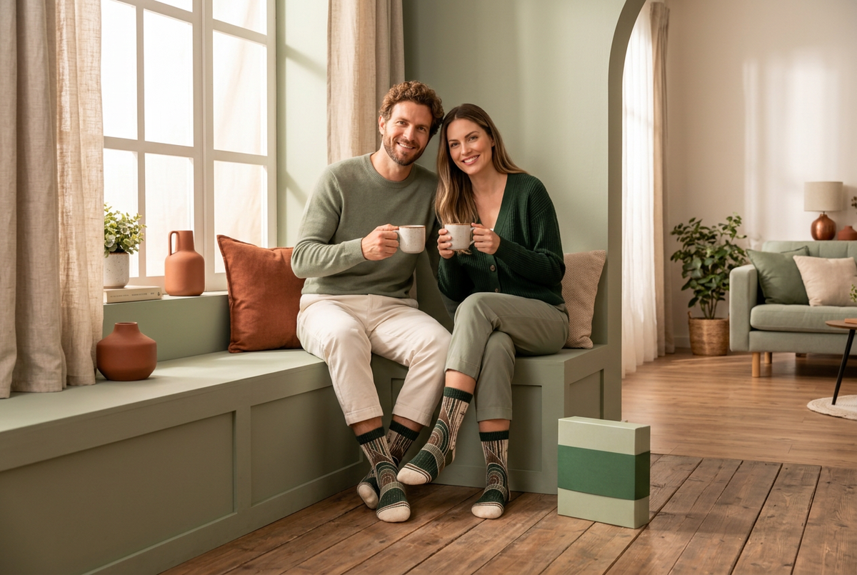 Same couple by window wearing matching contour socks