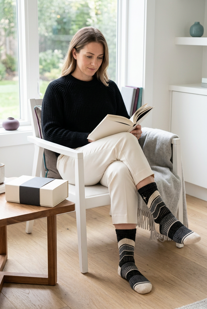 Female model wearing black gray compass-star socks