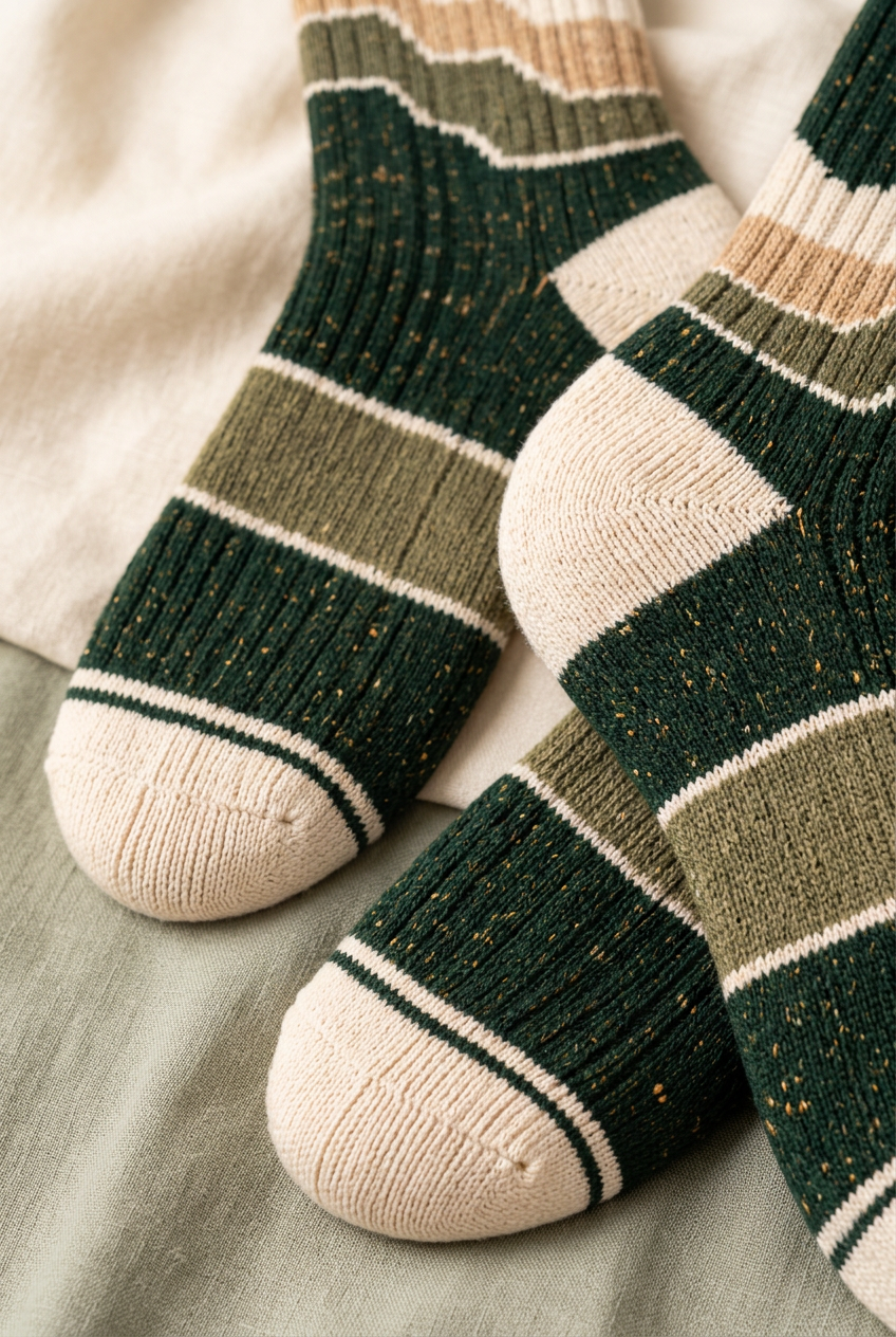 Olive foot band ivory toe heel and flecked green knit