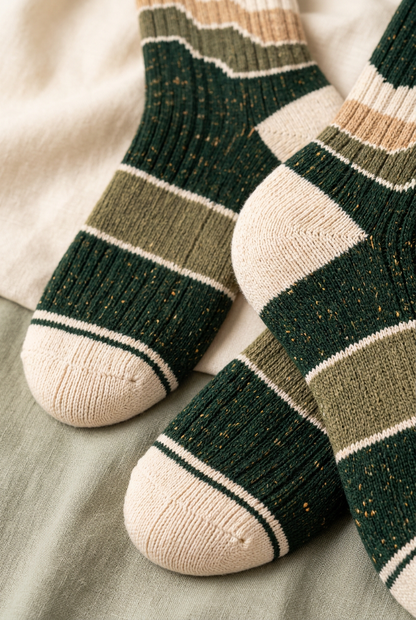 Olive foot band ivory toe heel and flecked green knit
