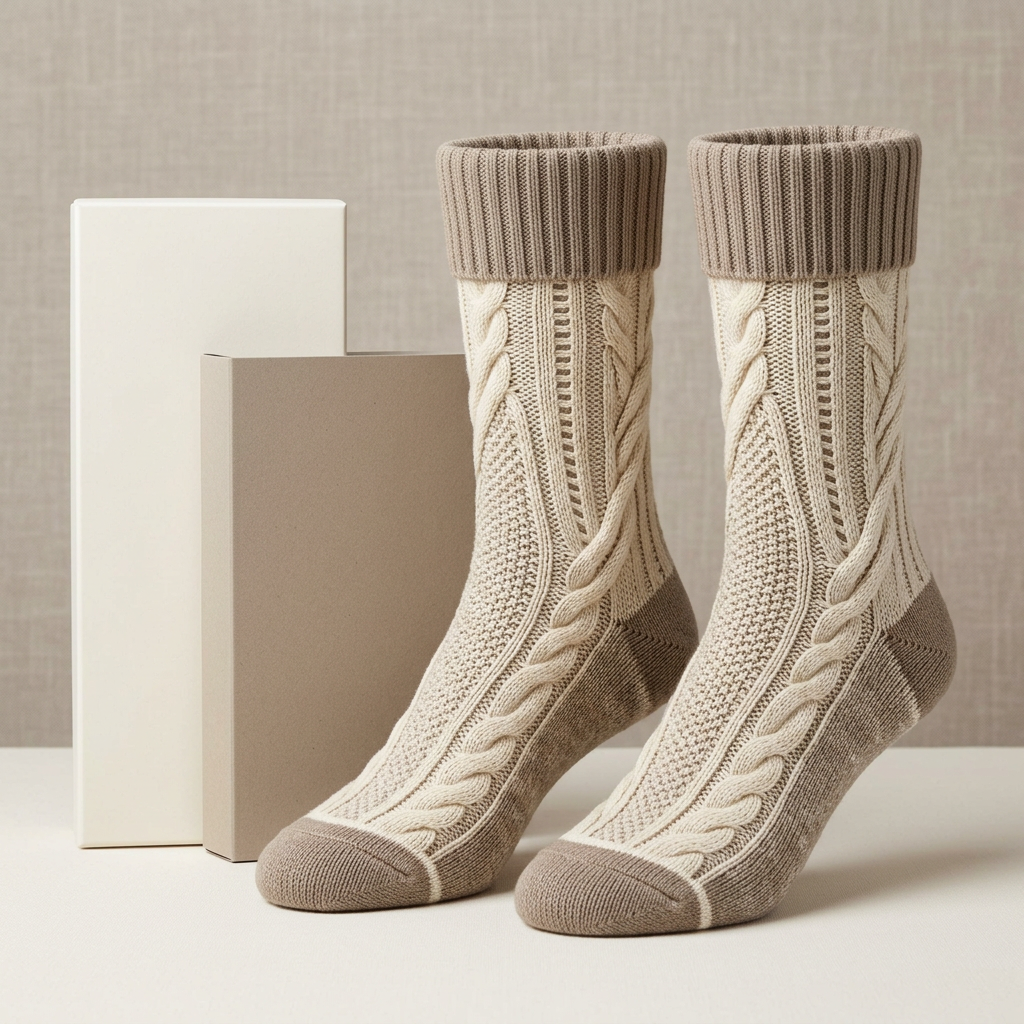 Ivory oatmeal taupe cable crew socks hero