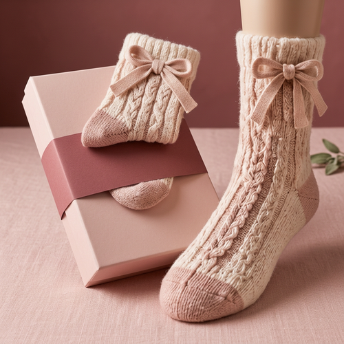 Ivory blush bow cable-knit socks hero