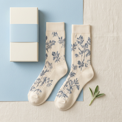 Ivory blue-gray floral socks overhead hero