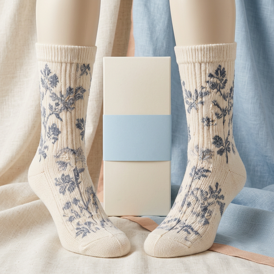 Ivory botanical socks hero with pale blue backdrop