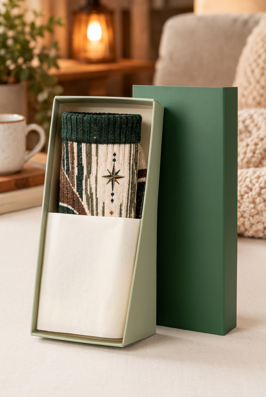 Socks in unbranded sage green box