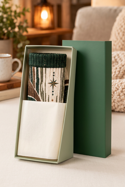 Socks in unbranded sage green box