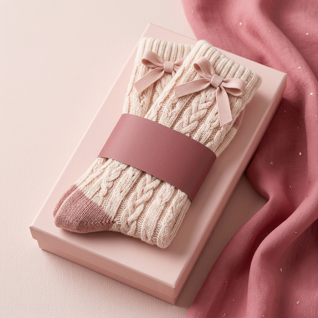 Bow socks with unbranded pale and deep pink box