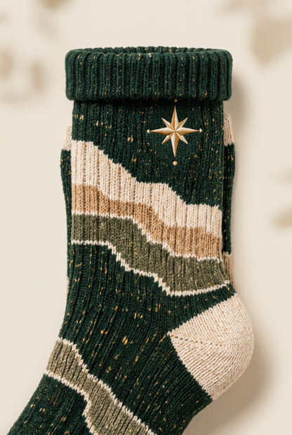 Green rib cuff flecked knit and golden compass-star detail