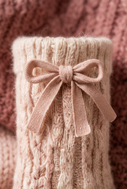 Dusty pink ribbon bow and rib cuff detail