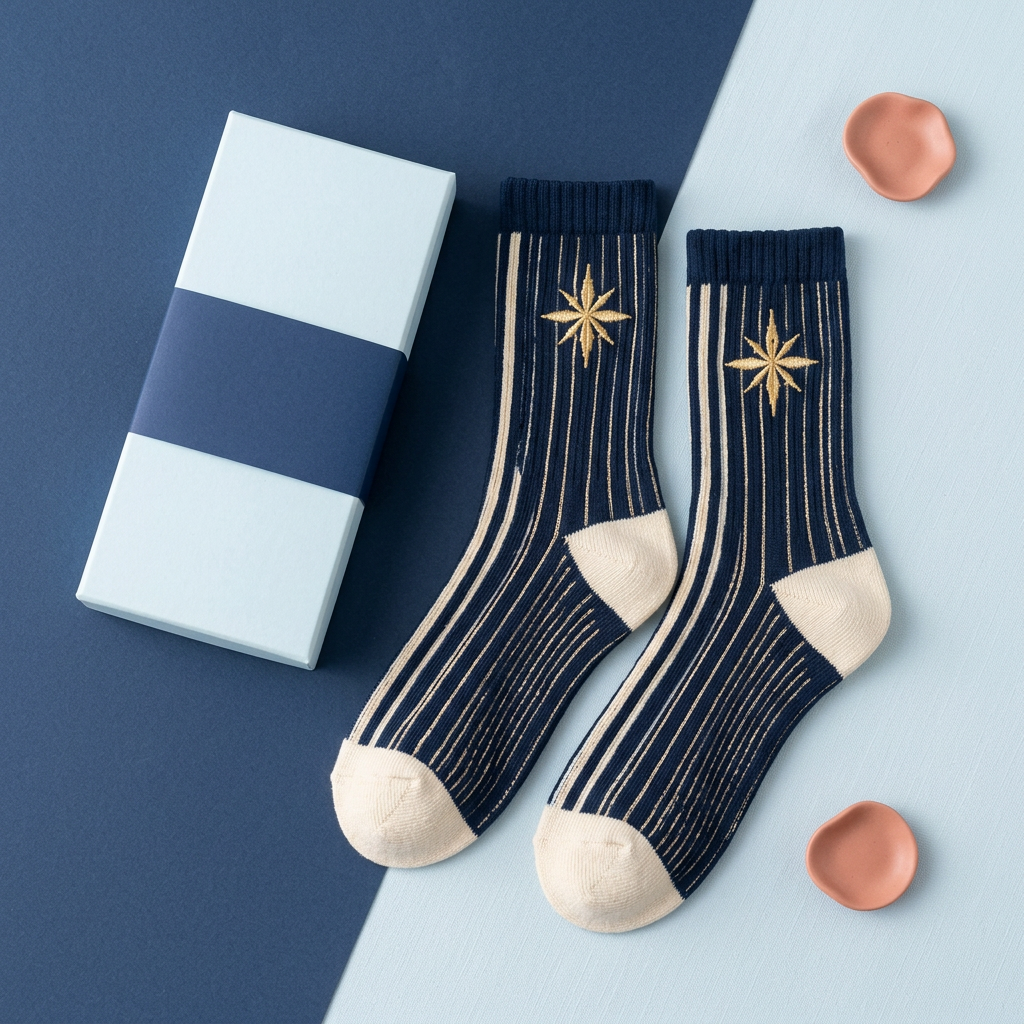 Navy ivory pale blue stripe socks overhead hero