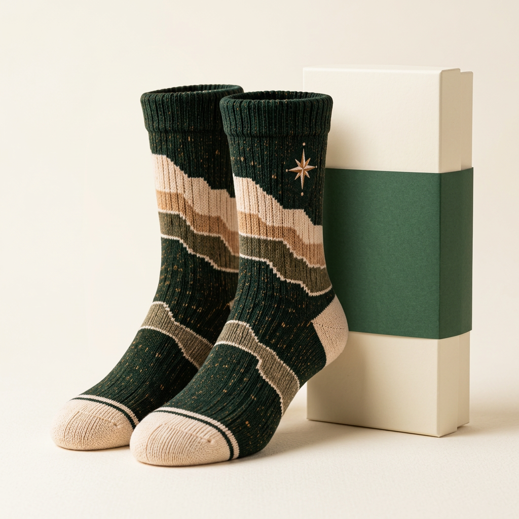 Forest green flecked socks with layered bands and golden compass star hero