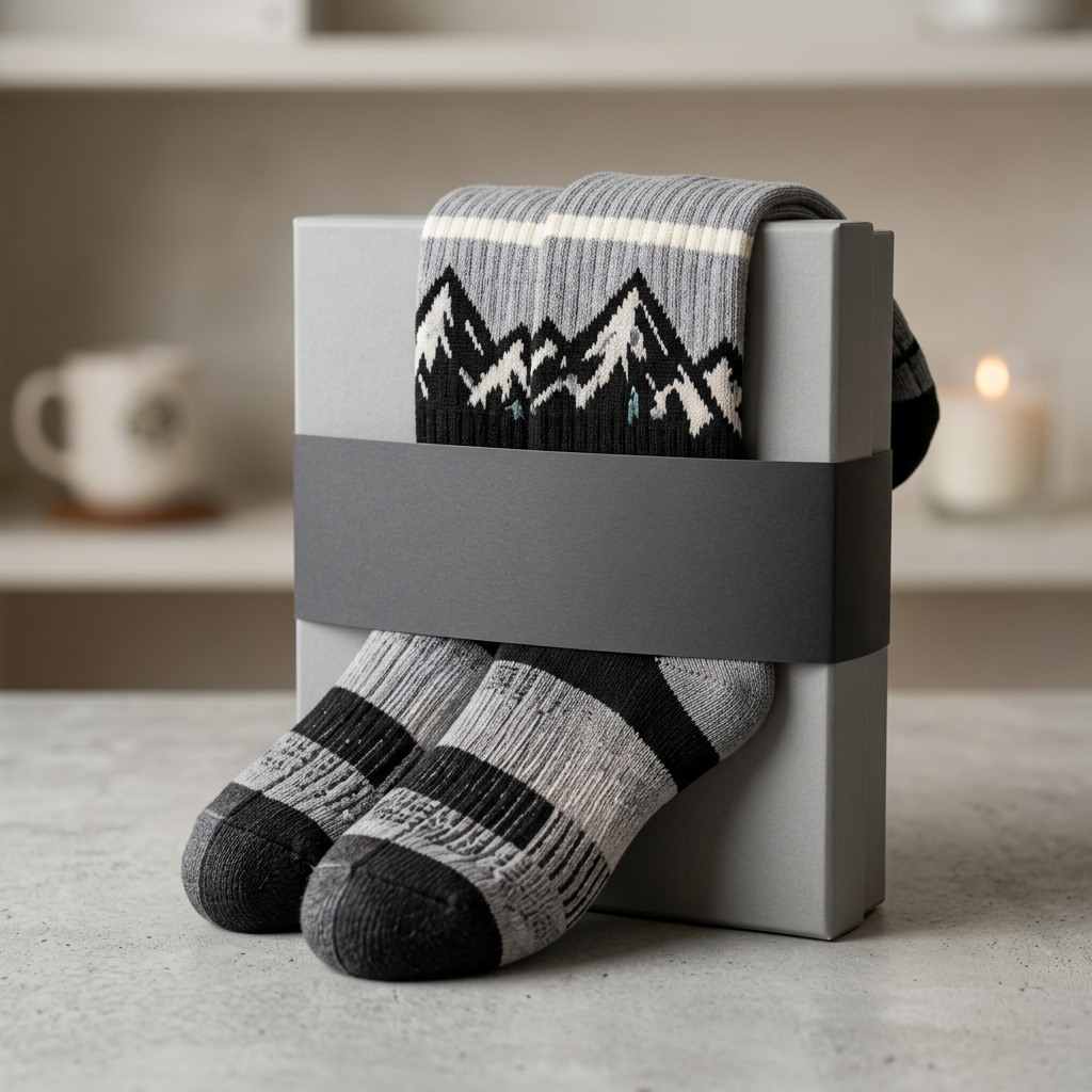 Mountain socks with unbranded gray packaging