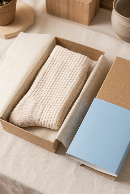Ivory curve socks in unbranded powder blue ivory box