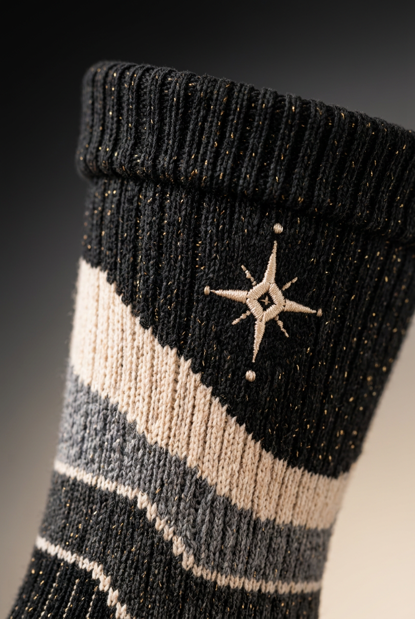 Black rib cuff and diamond-center compass-star detail