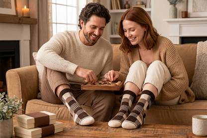 Couple playing game in matching patchwork socks