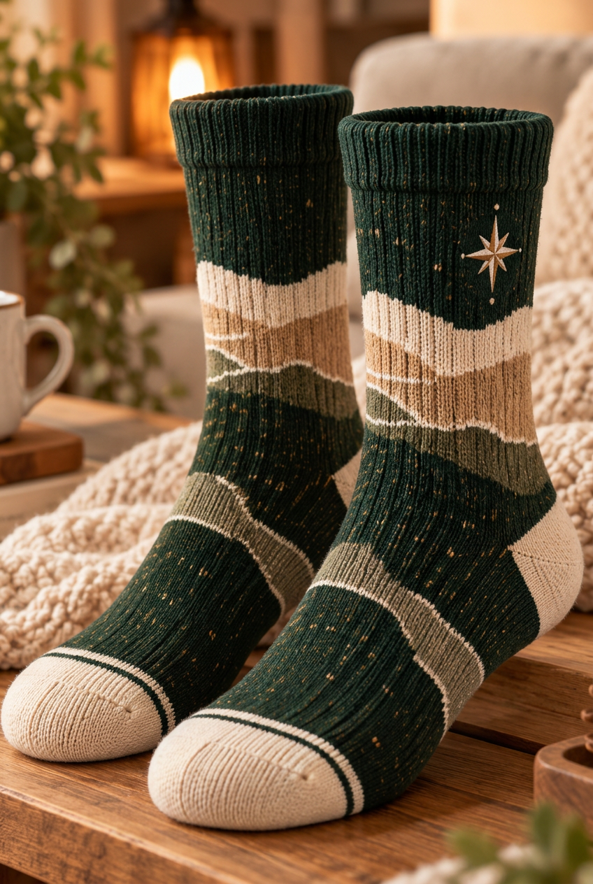 Sloping cream tan olive bands on forest green sock